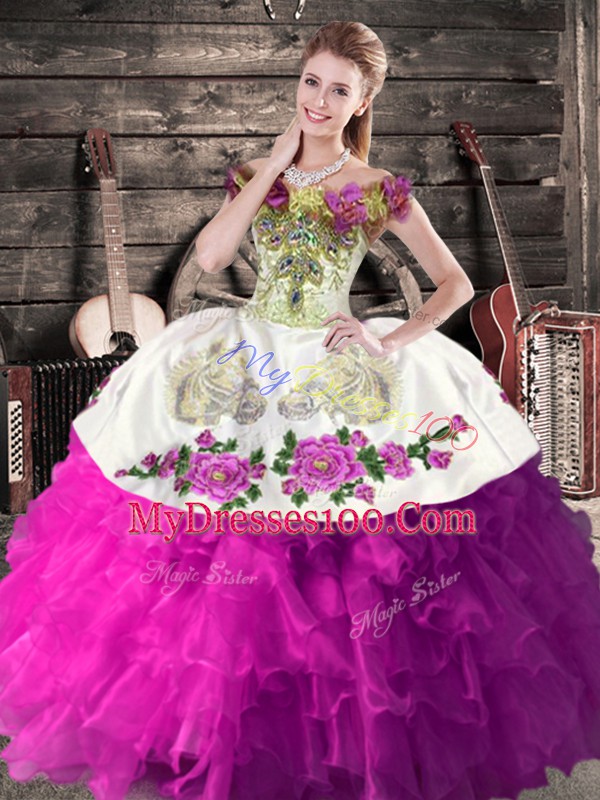 Elegant Off The Shoulder Sleeveless Quinceanera Gowns Floor Length Embroidery and Ruffles White And Purple Organza