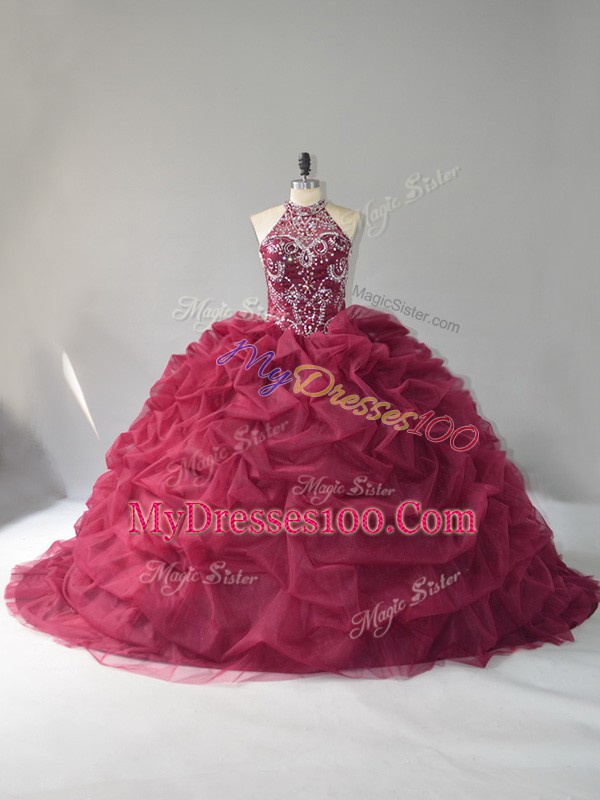 Most Popular Halter Top Sleeveless Court Train Lace Up Sweet 16 Quinceanera Dress Burgundy Organza