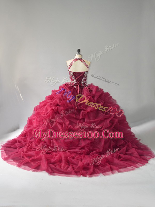 Most Popular Halter Top Sleeveless Court Train Lace Up Sweet 16 Quinceanera Dress Burgundy Organza