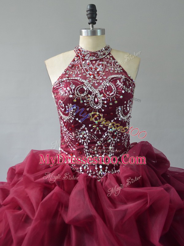 Most Popular Halter Top Sleeveless Court Train Lace Up Sweet 16 Quinceanera Dress Burgundy Organza