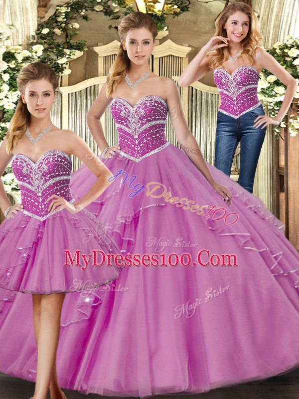 Flare Lilac Ball Gowns Beading Quinceanera Gown Lace Up Tulle Sleeveless Floor Length