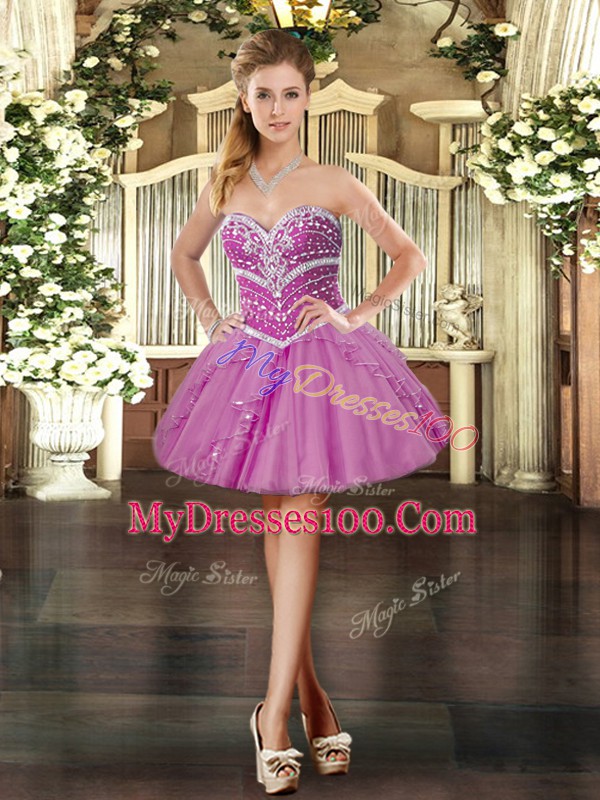 Flare Lilac Ball Gowns Beading Quinceanera Gown Lace Up Tulle Sleeveless Floor Length