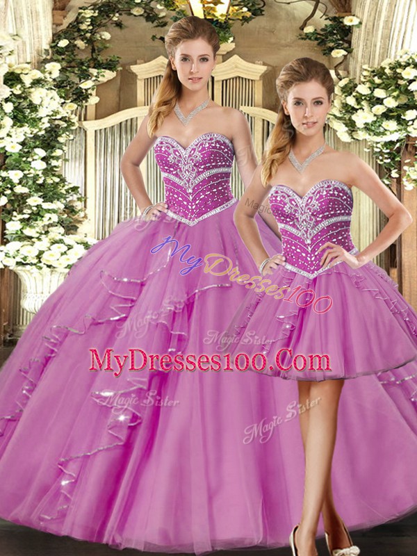 Flare Lilac Ball Gowns Beading Quinceanera Gown Lace Up Tulle Sleeveless Floor Length