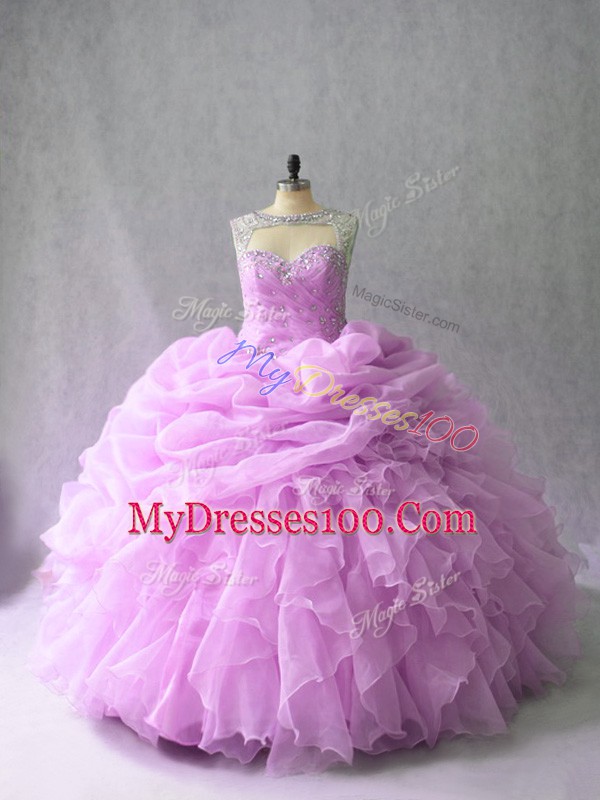 Gorgeous Beading and Ruffles Quinceanera Dress Lilac Lace Up Sleeveless Brush Train