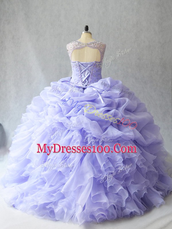 Gorgeous Beading and Ruffles Quinceanera Dress Lilac Lace Up Sleeveless Brush Train