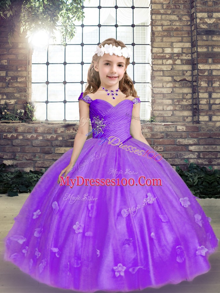 Straps Sleeveless Lace Up Little Girls Pageant Dress Lavender Tulle