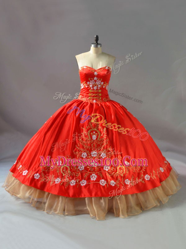 Smart Red Organza Lace Up Sweetheart Sleeveless Floor Length Quinceanera Dresses Embroidery