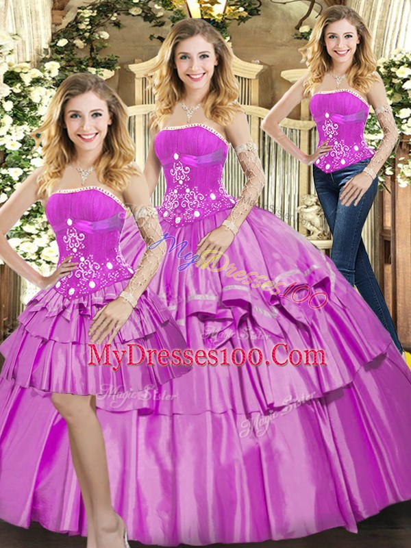 Custom Fit Floor Length Lace Up Quinceanera Gown Lilac for Sweet 16 and Quinceanera with Beading and Ruffled Layers