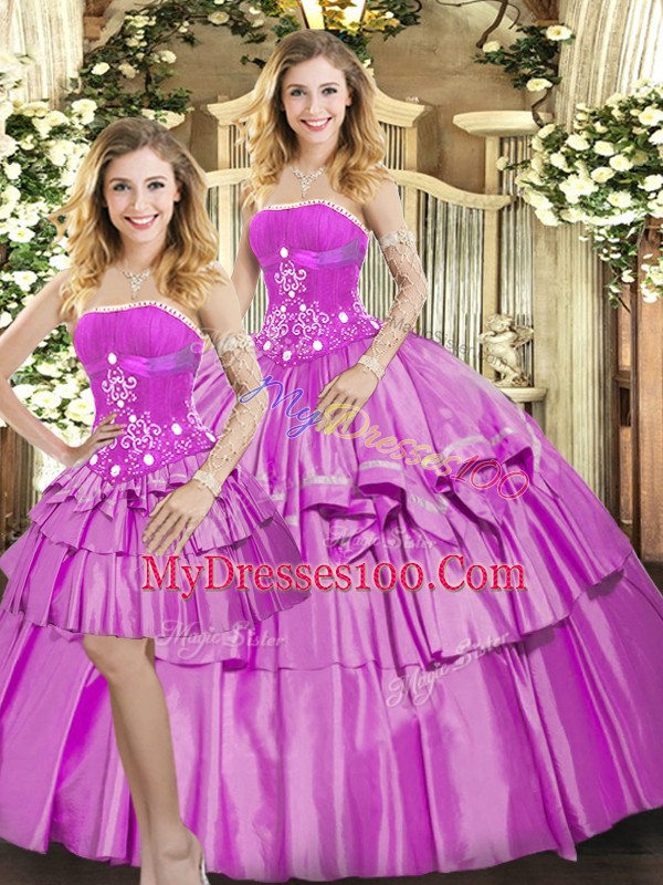 Custom Fit Floor Length Lace Up Quinceanera Gown Lilac for Sweet 16 and Quinceanera with Beading and Ruffled Layers