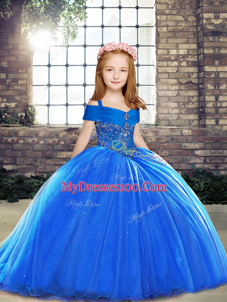 Brush Train Ball Gowns Child Pageant Dress Royal Blue Straps Sleeveless Lace Up