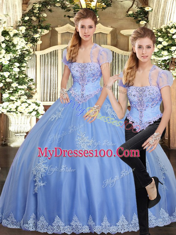 Excellent Light Blue Tulle Lace Up Strapless Sleeveless Floor Length Vestidos de Quinceanera Beading and Appliques
