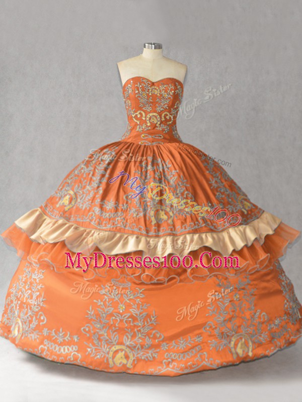 Eye-catching Orange Satin Lace Up Sweetheart Sleeveless Floor Length Sweet 16 Dress Embroidery