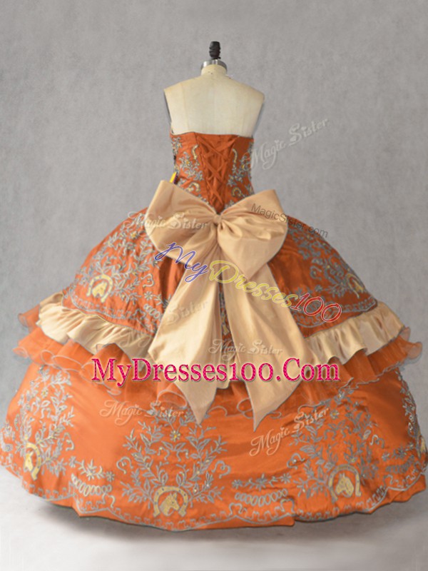 Eye-catching Orange Satin Lace Up Sweetheart Sleeveless Floor Length Sweet 16 Dress Embroidery