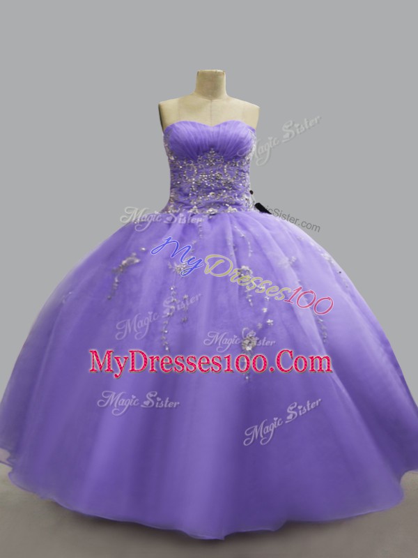 Discount Lavender Organza Lace Up Quince Ball Gowns Sleeveless Floor Length Beading