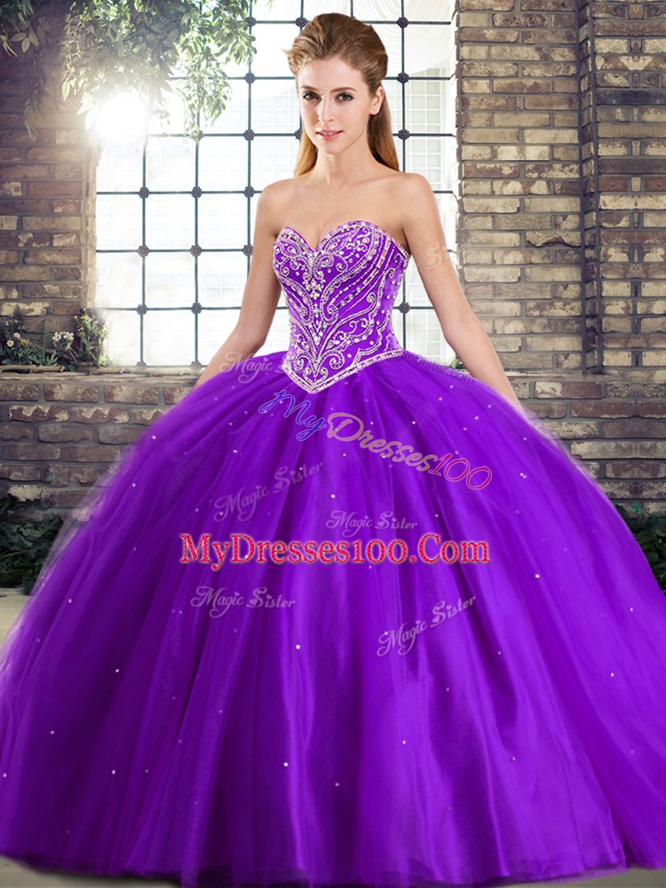 Purple Vestidos de Quinceanera Tulle Brush Train Sleeveless Beading