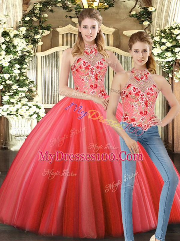 Flare Floor Length Lace Up 15 Quinceanera Dress Coral Red for Sweet 16 and Quinceanera with Embroidery