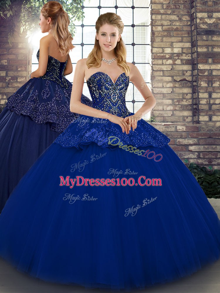 Graceful Royal Blue Tulle Lace Up Quinceanera Gowns Sleeveless Floor Length Beading and Appliques