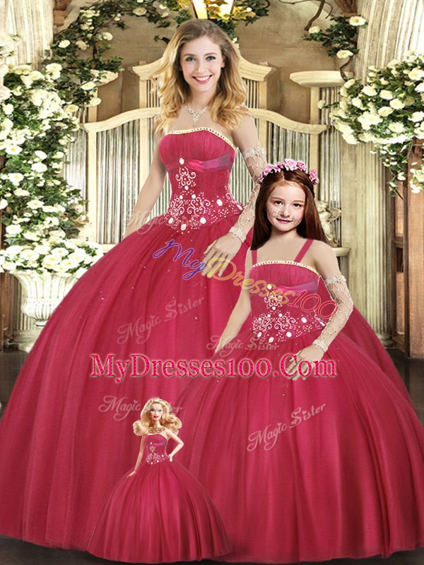 Strapless Sleeveless Lace Up Ball Gown Prom Dress Red Tulle