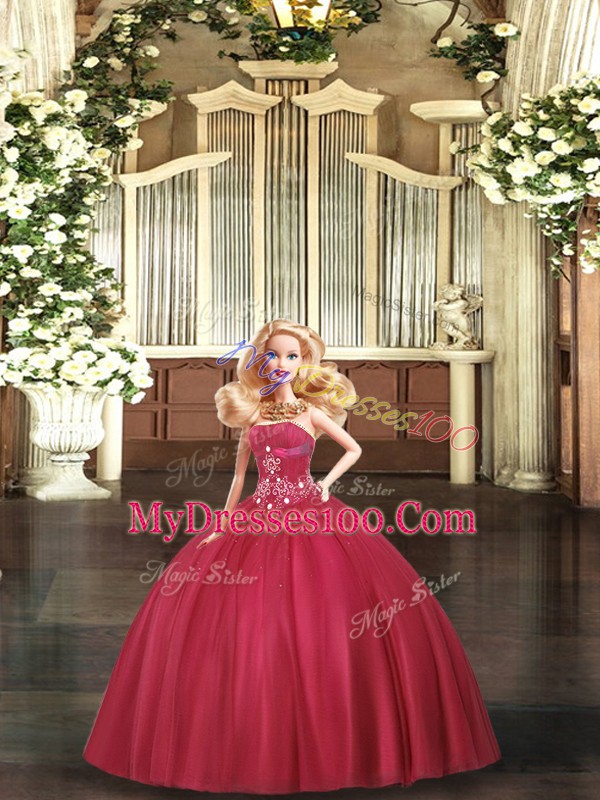 Strapless Sleeveless Lace Up Ball Gown Prom Dress Red Tulle