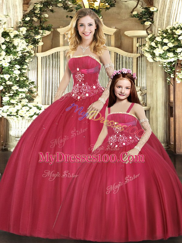 Strapless Sleeveless Lace Up Ball Gown Prom Dress Red Tulle