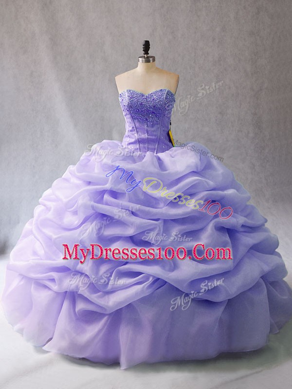 Admirable Organza Strapless Sleeveless Lace Up Beading and Pick Ups Quinceanera Gown in Lavender