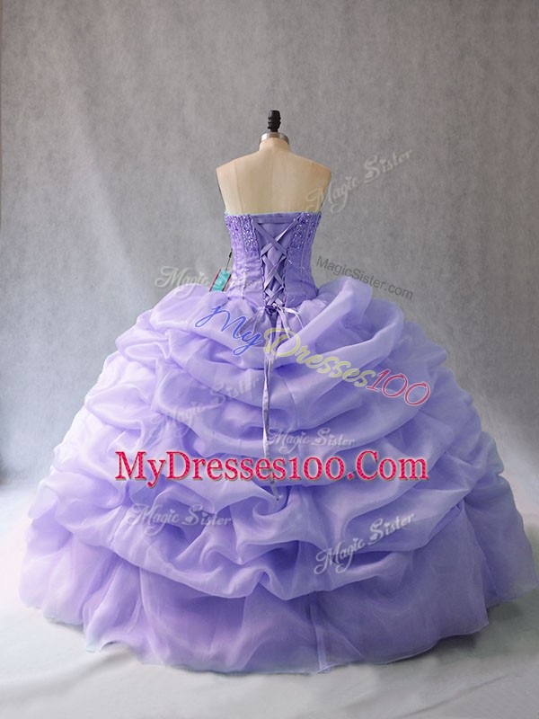Admirable Organza Strapless Sleeveless Lace Up Beading and Pick Ups Quinceanera Gown in Lavender