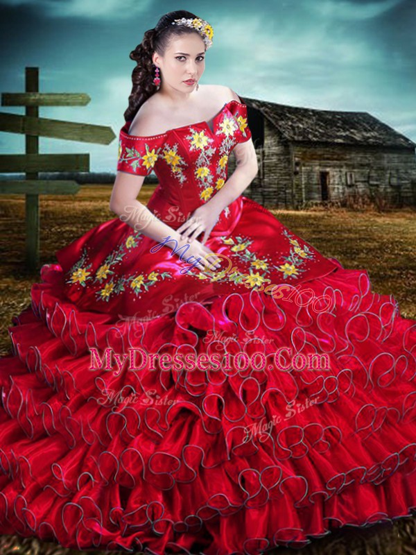 Floor Length Red Sweet 16 Dresses Off The Shoulder Sleeveless Lace Up