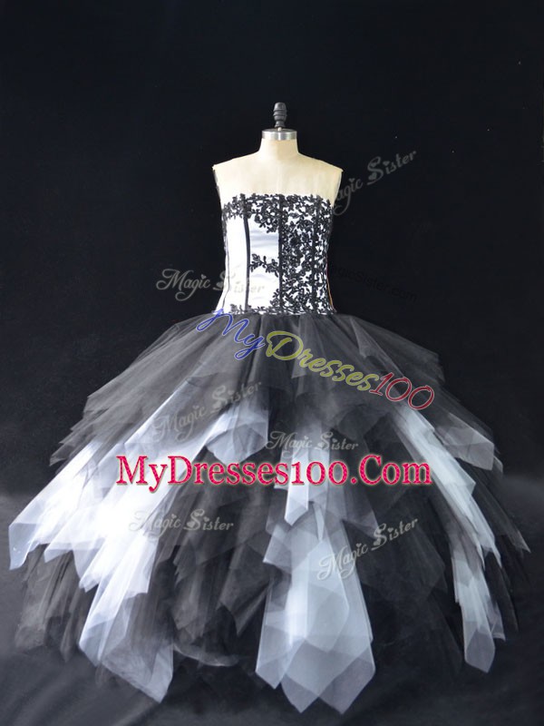 Luxurious White And Black Ball Gowns Tulle Strapless Sleeveless Lace and Ruffles Floor Length Lace Up Quinceanera Dress
