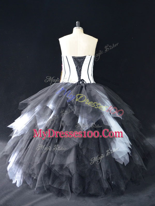 Luxurious White And Black Ball Gowns Tulle Strapless Sleeveless Lace and Ruffles Floor Length Lace Up Quinceanera Dress