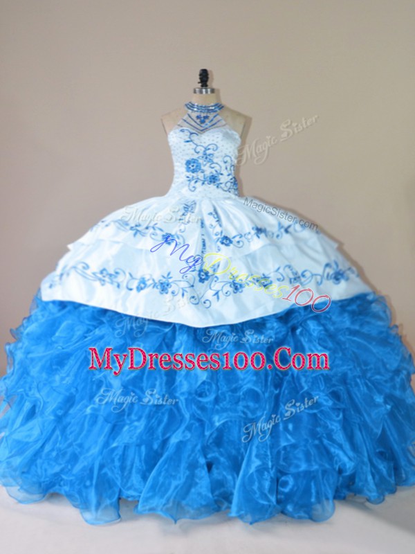 Modest Lace Up Quinceanera Dress Blue for Sweet 16 and Quinceanera with Embroidery and Ruffles Court Train