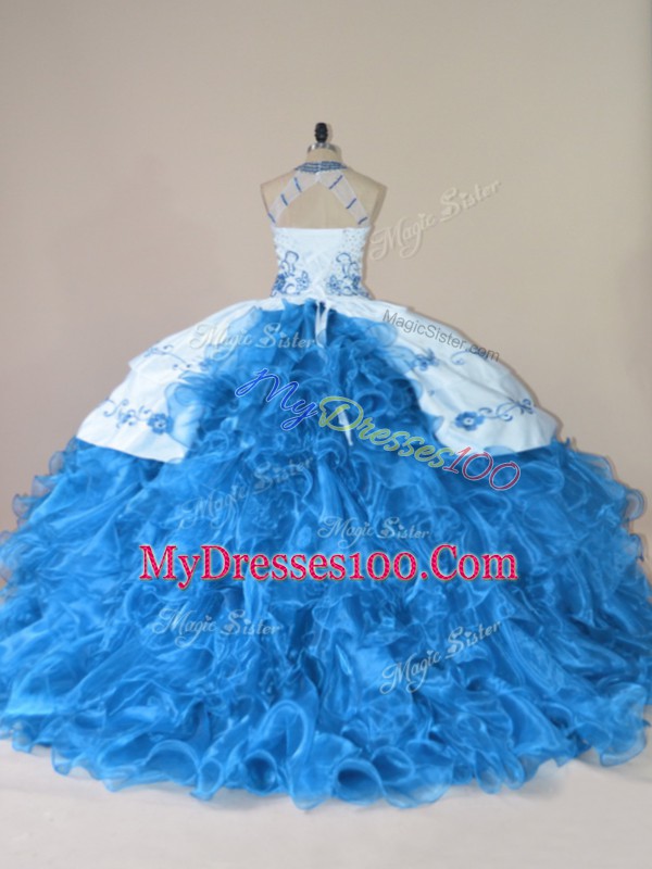 Modest Lace Up Quinceanera Dress Blue for Sweet 16 and Quinceanera with Embroidery and Ruffles Court Train