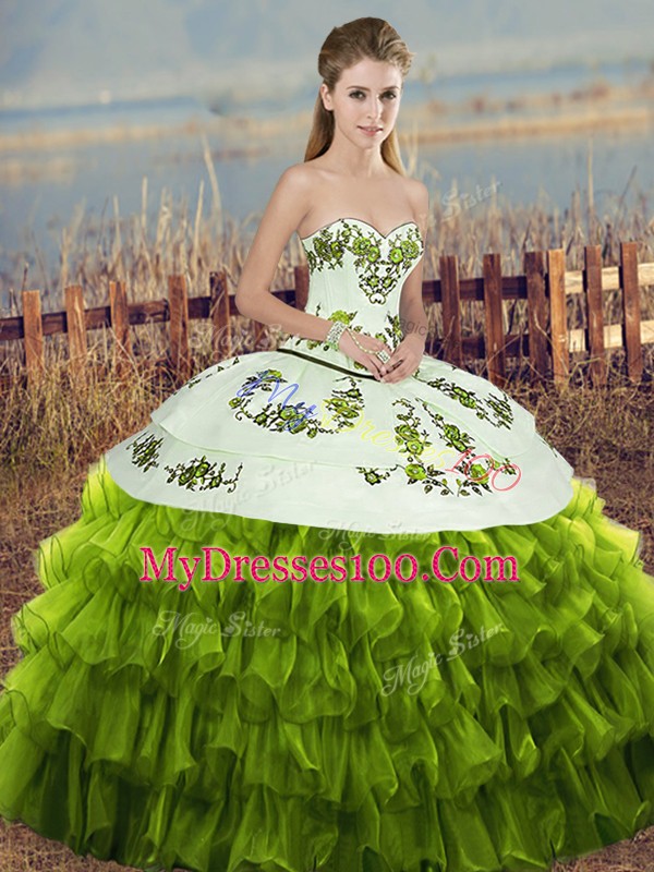 Olive Green Sleeveless Floor Length Embroidery and Ruffled Layers and Bowknot Lace Up Quince Ball Gowns