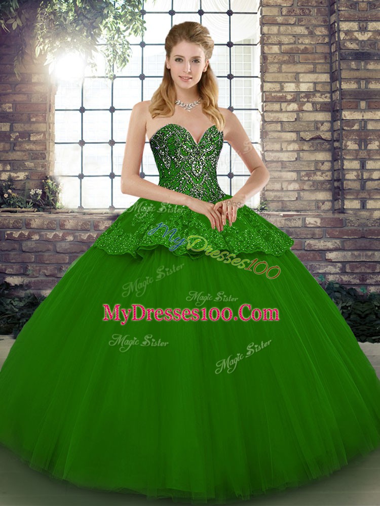 Attractive Floor Length Lace Up Quinceanera Dress Green for Military Ball and Sweet 16 and Quinceanera with Beading and Appliques