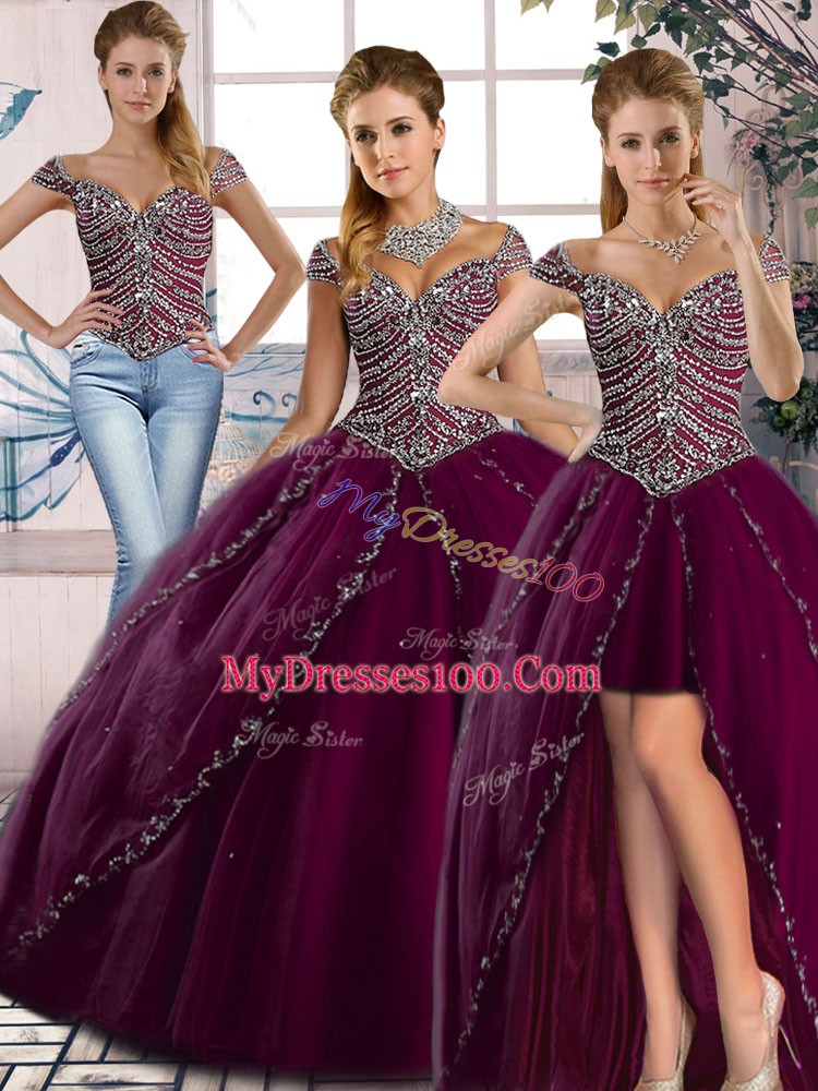 Purple Ball Gowns Sweetheart Cap Sleeves Tulle Brush Train Lace Up Beading Quinceanera Gowns