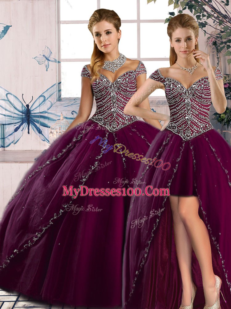 Purple Ball Gowns Sweetheart Cap Sleeves Tulle Brush Train Lace Up Beading Quinceanera Gowns
