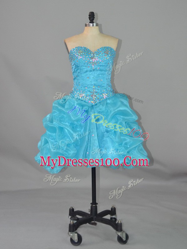 Simple Aqua Blue Sleeveless Mini Length Beading and Pick Ups Lace Up Pageant Dresses