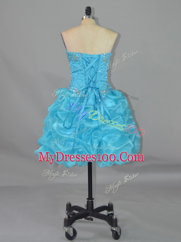 Simple Aqua Blue Sleeveless Mini Length Beading and Pick Ups Lace Up Pageant Dresses