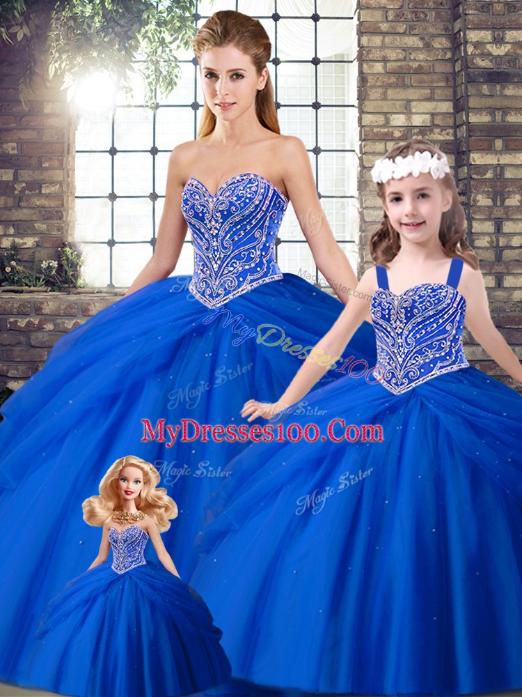 Vintage Sweetheart Sleeveless Sweet 16 Dresses Brush Train Beading and Pick Ups Royal Blue Tulle