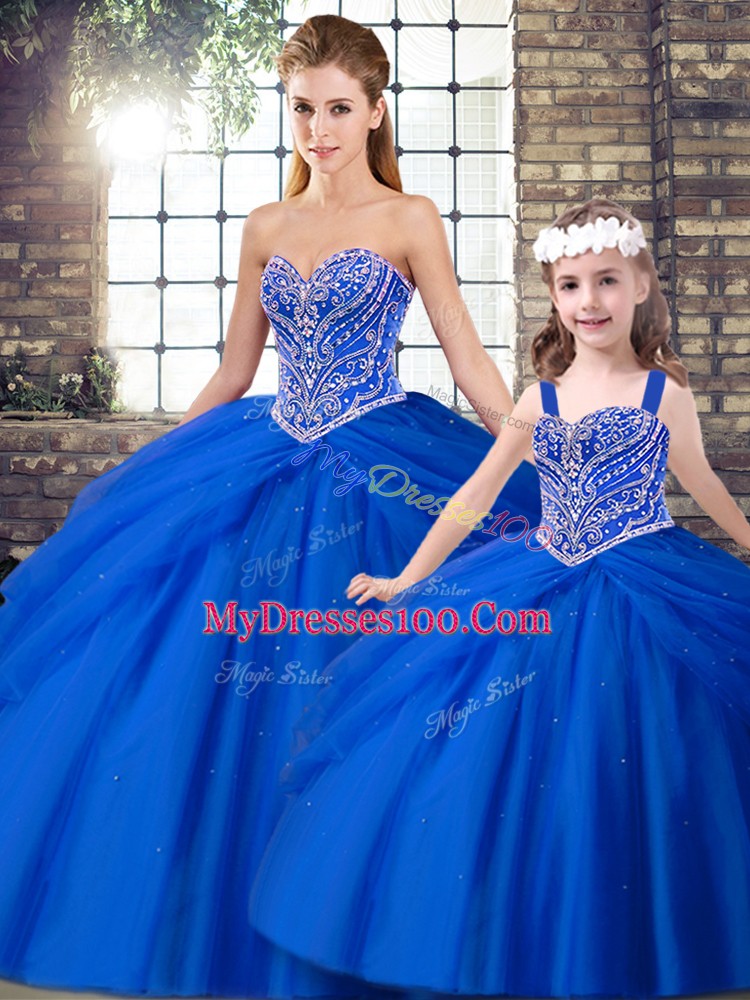 Vintage Sweetheart Sleeveless Sweet 16 Dresses Brush Train Beading and Pick Ups Royal Blue Tulle