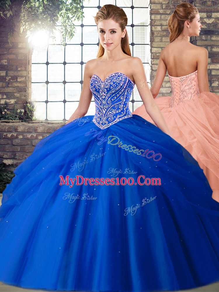 Vintage Sweetheart Sleeveless Sweet 16 Dresses Brush Train Beading and Pick Ups Royal Blue Tulle