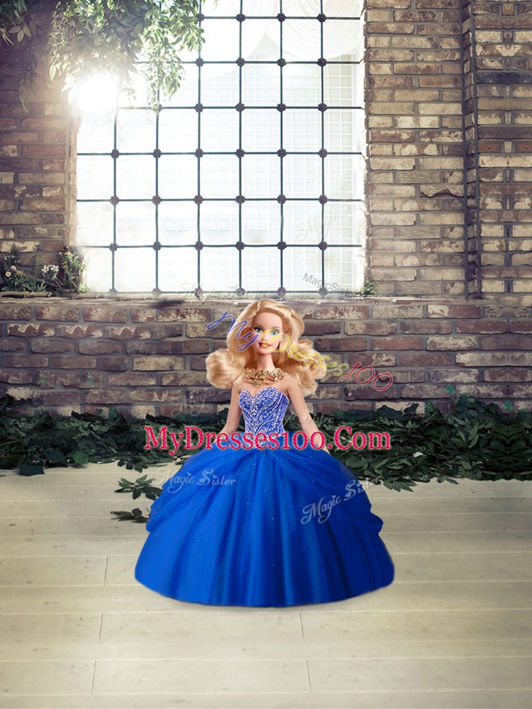Vintage Sweetheart Sleeveless Sweet 16 Dresses Brush Train Beading and Pick Ups Royal Blue Tulle