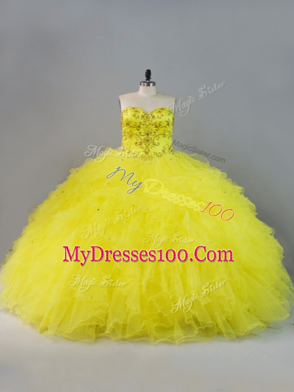 Latest Yellow Ball Gown Prom Dress Sweet 16 and Quinceanera with Beading and Ruffles Sweetheart Sleeveless Lace Up