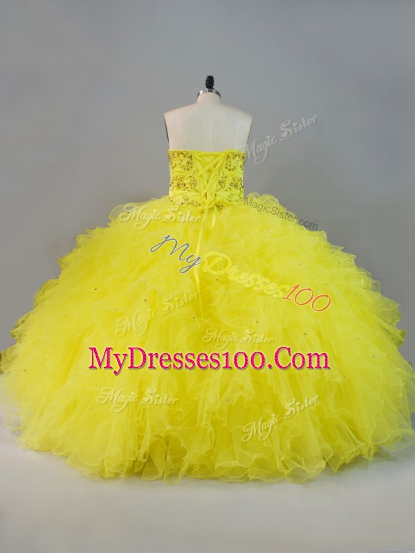 Latest Yellow Ball Gown Prom Dress Sweet 16 and Quinceanera with Beading and Ruffles Sweetheart Sleeveless Lace Up