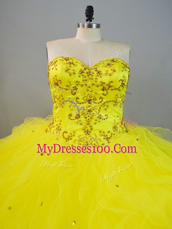 Latest Yellow Ball Gown Prom Dress Sweet 16 and Quinceanera with Beading and Ruffles Sweetheart Sleeveless Lace Up