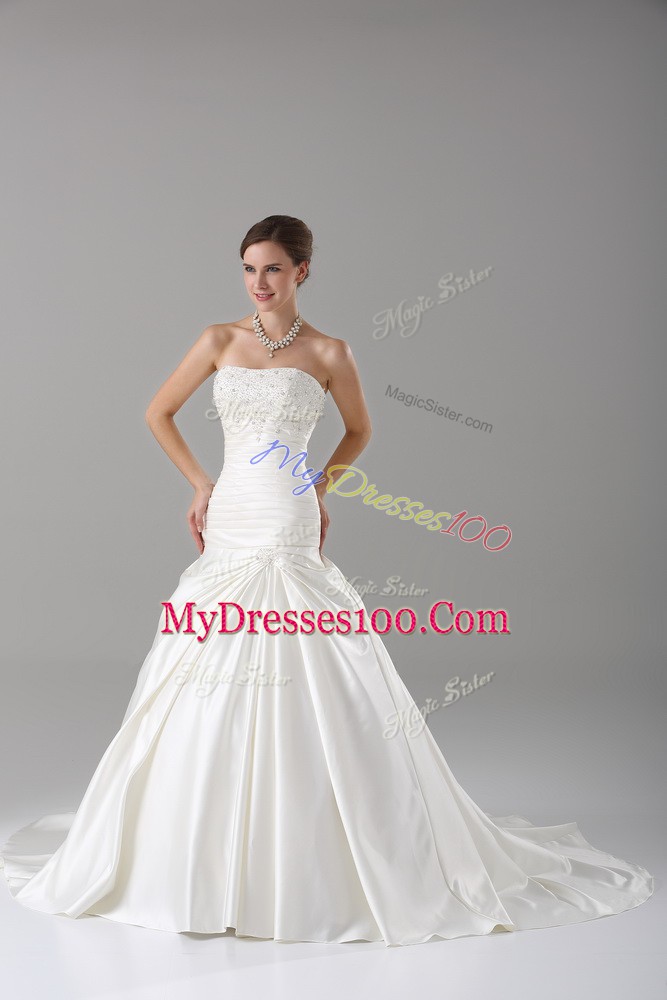 White Sleeveless Taffeta Brush Train Lace Up Bridal Gown for Wedding Party