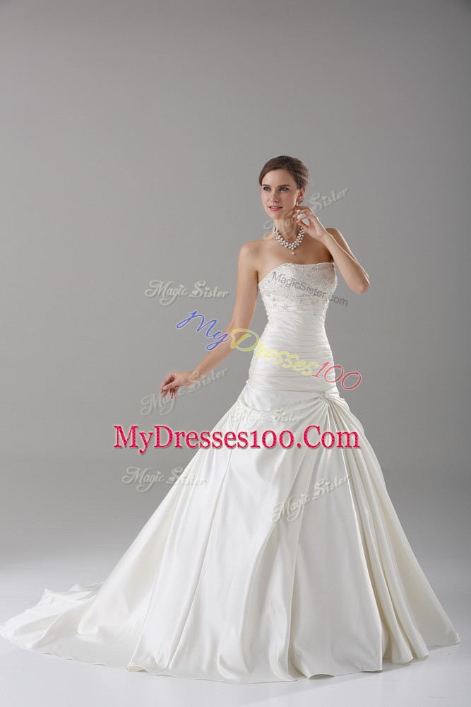 White Sleeveless Taffeta Brush Train Lace Up Bridal Gown for Wedding Party