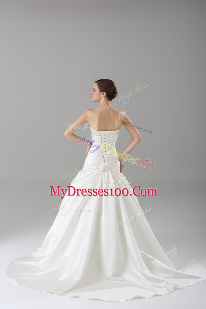 White Sleeveless Taffeta Brush Train Lace Up Bridal Gown for Wedding Party