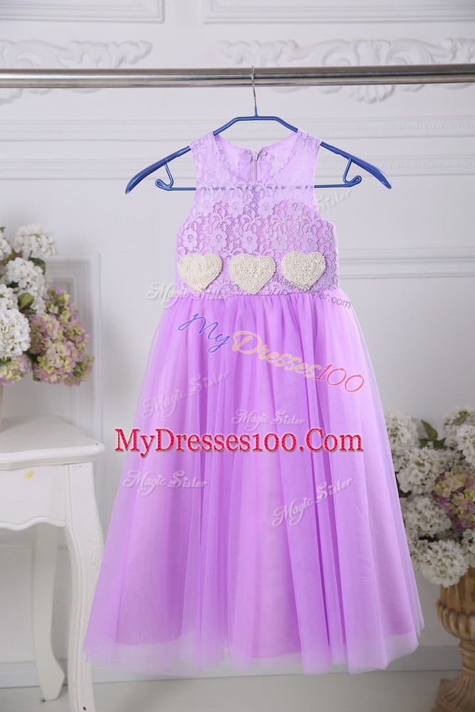 Lavender Sleeveless Lace Tea Length Flower Girl Dresses for Less