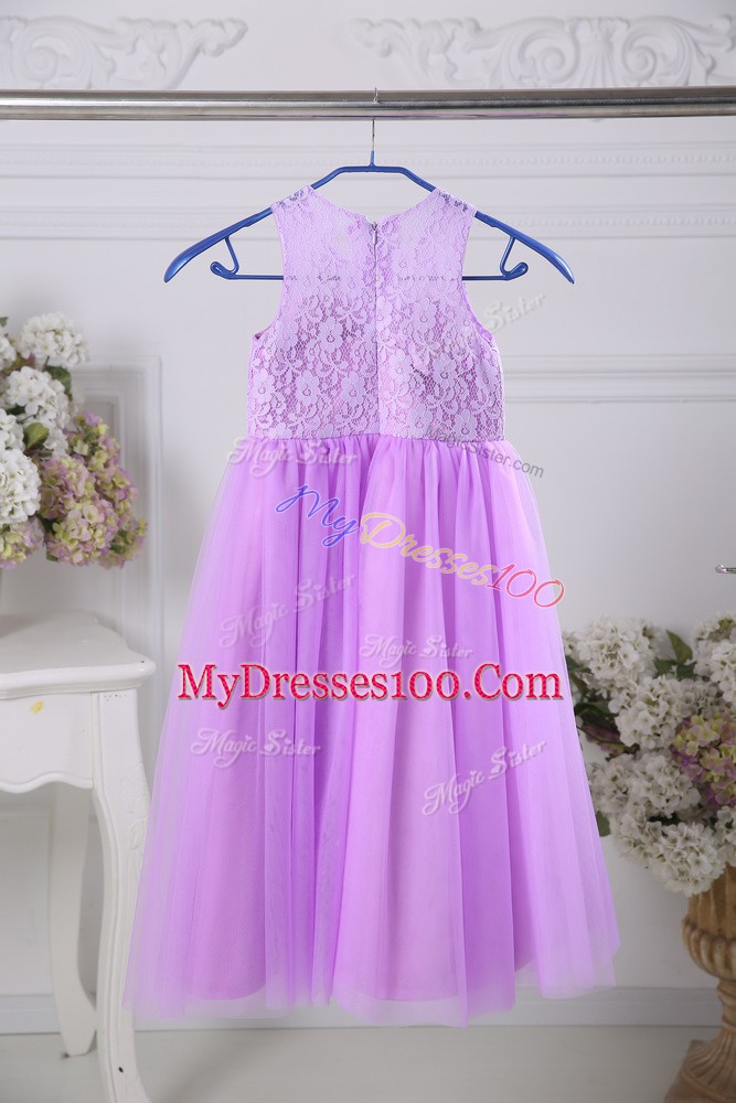 Lavender Sleeveless Lace Tea Length Flower Girl Dresses for Less
