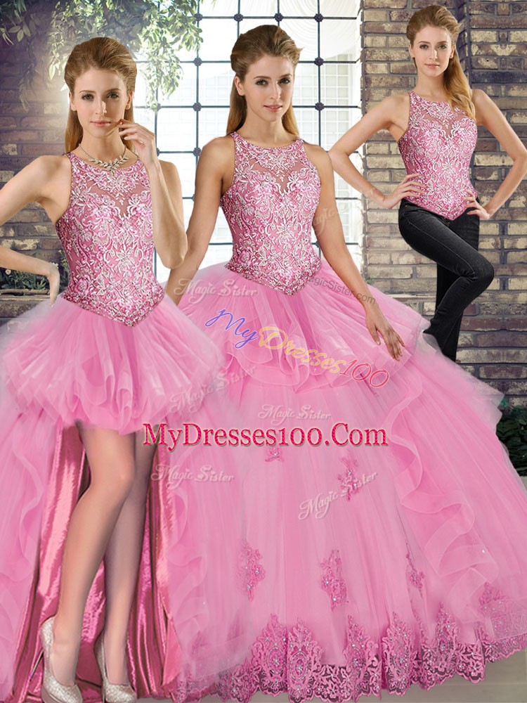 Cheap Scoop Sleeveless Sweet 16 Dresses Floor Length Lace and Embroidery and Ruffles Rose Pink Tulle